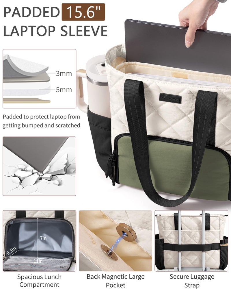 Bagstellar Puffer Lunch Tote Bag for Women, 15.6 Inch Laptop Work Bag with Insulated Lunch Compartment & Large Cup Holder, Lightweight Quilted Puffy Lunch Box Purse for Teacher Nurse Travel Office Daily School - Image 4