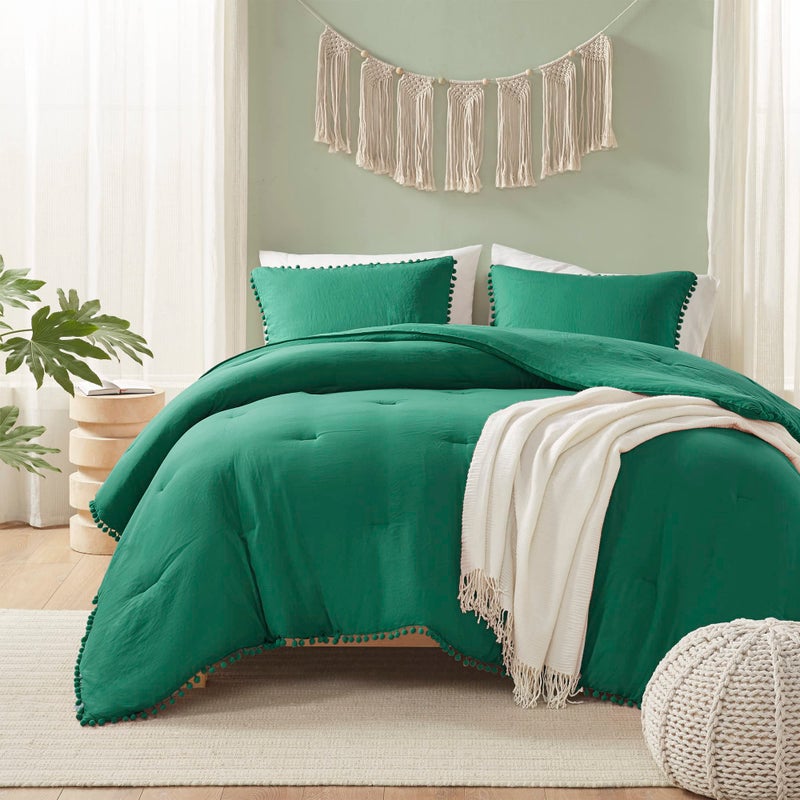 كودي Codi Emerald Green Boho Queen Comforter مجموعة جمالية بوم فاخرة تصميم الفراش الفراش الكامل لطيف ناعم غسل الألياف مجموعات خفيفة الوزن 3pcs 1 المعزي و 2 بيدات (90 × 90 بوصة) - Image 2