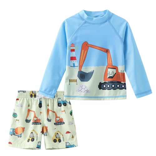 Aisyee Toddler Boys Rash Guard Set Baby Boys Swim Set with Swim Trunks Long Sleeve Bathing Suits Sand Excavator 5T - Image 1