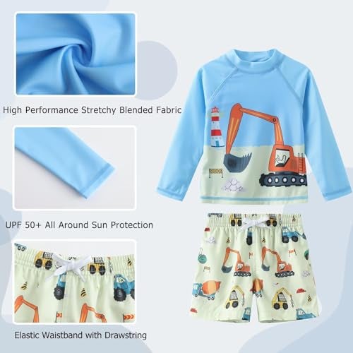 Aisyee Toddler Boys Rash Guard Set Baby Boys Swim Set with Swim Trunks Long Sleeve Bathing Suits Sand Excavator 5T - Image 5