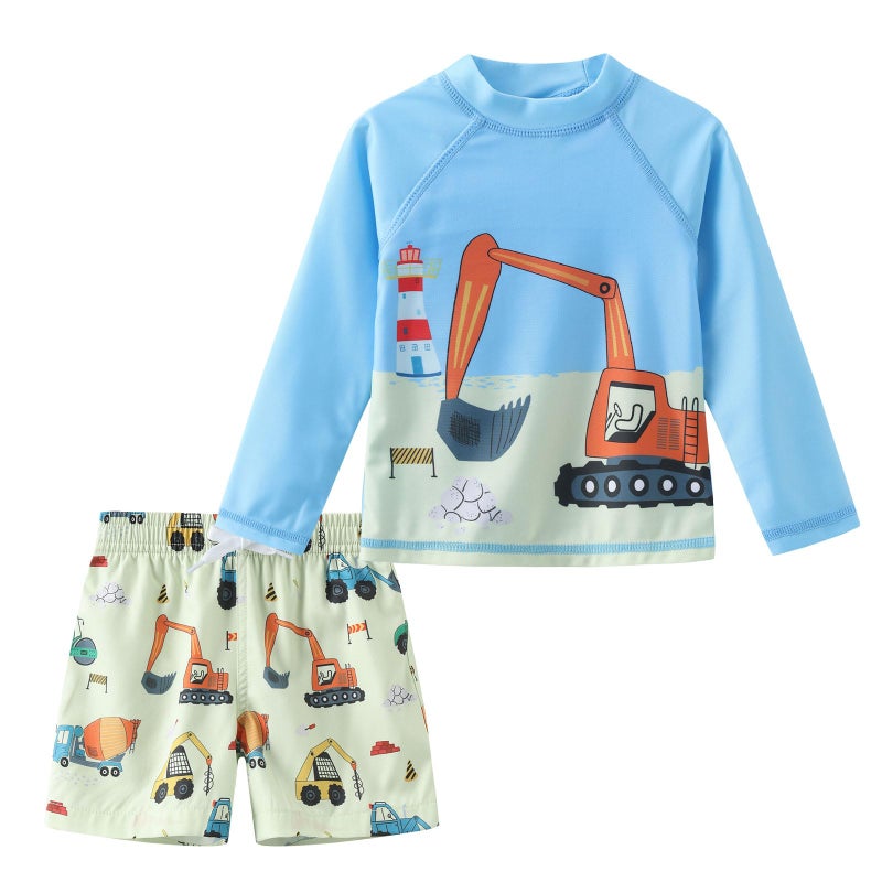 Aisyee Toddler Boys Rash Guard Set Baby Boys Swim Set with Swim Trunks Long Sleeve Bathing Suits Sand Excavator 5T - Image 3