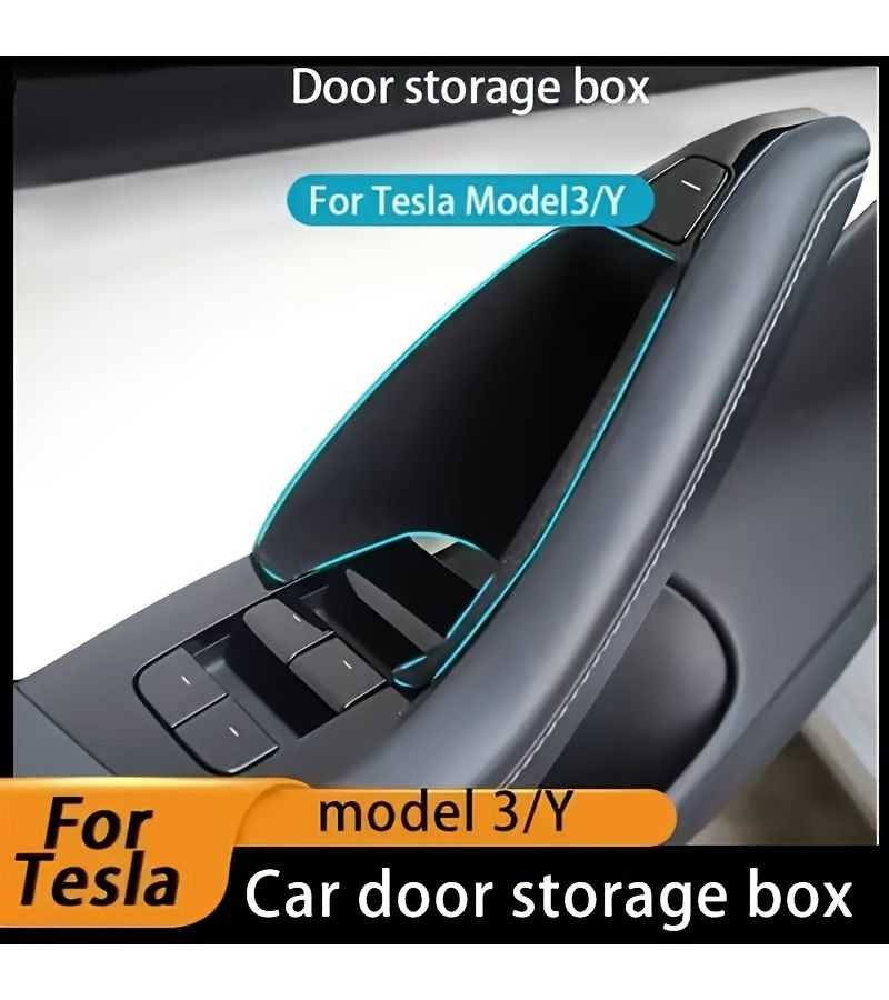 2 Pcs Black Side Door Storage Box For Tesla Model 3 2017 2023 2020 2023 Model Y Accessories Armrest Phone Container Door Organizer Handle Pocket Tray - Image 1