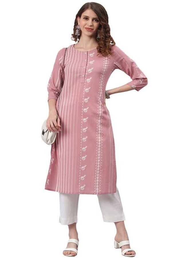 Janasya Women's Pastel Pink Cotton Animal Print Straight Kurta(JNE3697-KR-S) - Image 1