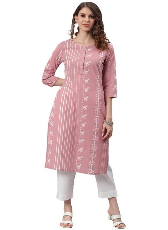 Janasya Women's Pastel Pink Cotton Animal Print Straight Kurta(JNE3697-KR-S) - Image 2