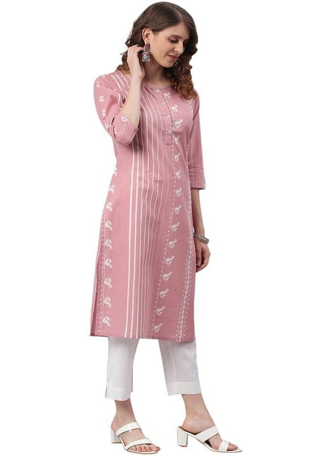 Janasya Women's Pastel Pink Cotton Animal Print Straight Kurta(JNE3697-KR-S) - Image 4