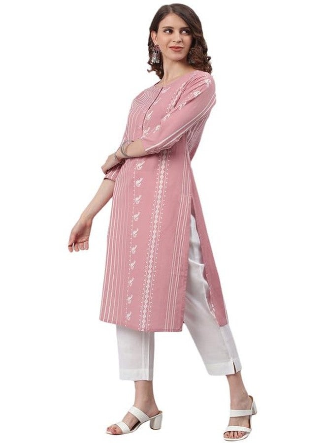 Janasya Women's Pastel Pink Cotton Animal Print Straight Kurta(JNE3697-KR-S) - Image 3