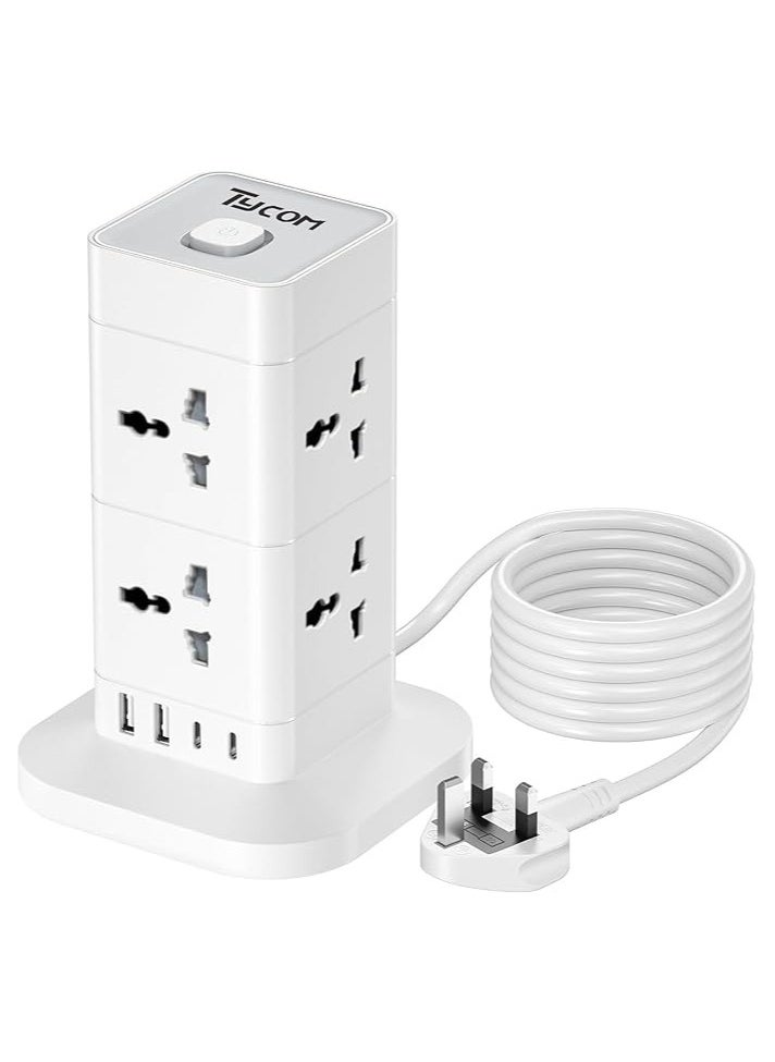 TYCOM Power Cord Strip Surge Protector with USB + Type C, Extension Cord Flat Plug with 8 AC Outlet and 2 USB 1 Type C, Small Desktop Station, Compact Socket - 2 Tiers Grey and White.  - Image 1
