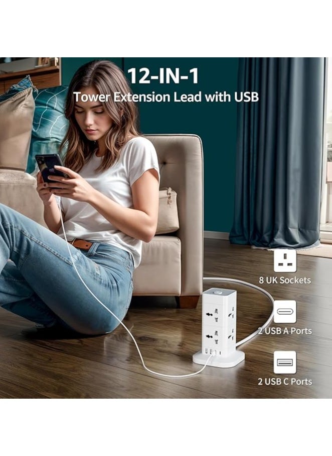 TYCOM Power Cord Strip Surge Protector with USB + Type C, Extension Cord Flat Plug with 8 AC Outlet and 2 USB 1 Type C, Small Desktop Station, Compact Socket - 2 Tiers Grey and White.  - Image 4