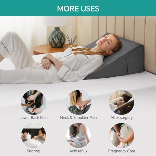 Bedluxe وسادة بيدلوكس مثلثية، وسادة بزاوية 8 بوصة لرأس السرير، وسادة مثلثية لتخفيف ارتجاع الحمض، النوم، بعد الجراحة، الشخير، الجيرد، وسادة مثلثية - رغوة ذاكرة تبريد، رمادي فخم - Image 4