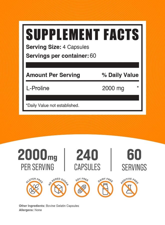 بالك سابلمنتس كبسولات إل-برولين من BulkSupplements.com - مكمل غذائي من الأحماض الأمينية، إل-برولين 2000 ملغ، مكملات البرولين - خالية من الغلوتين، 4 كبسولات لكل جرعة، 240 كبسولة (عبوة واحدة) - Image 2