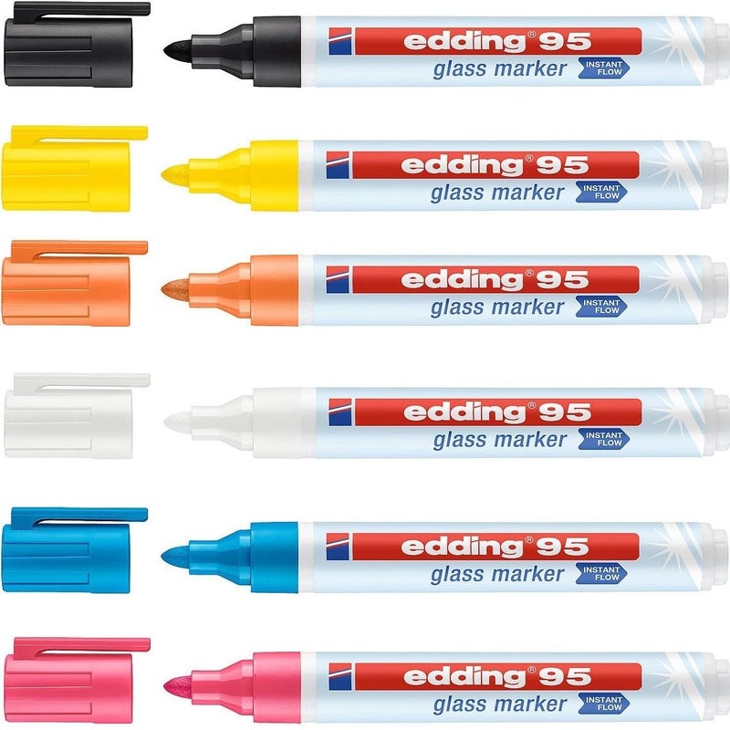 edding Multicolored 95 Glass Marker, 6pcs - Dry Erase Markers for Various Uses and Glass Surfaces Like Windshields, Windows, Glassboards, Mirrors, Menu Board and White Board - Made in Germany - Image 1