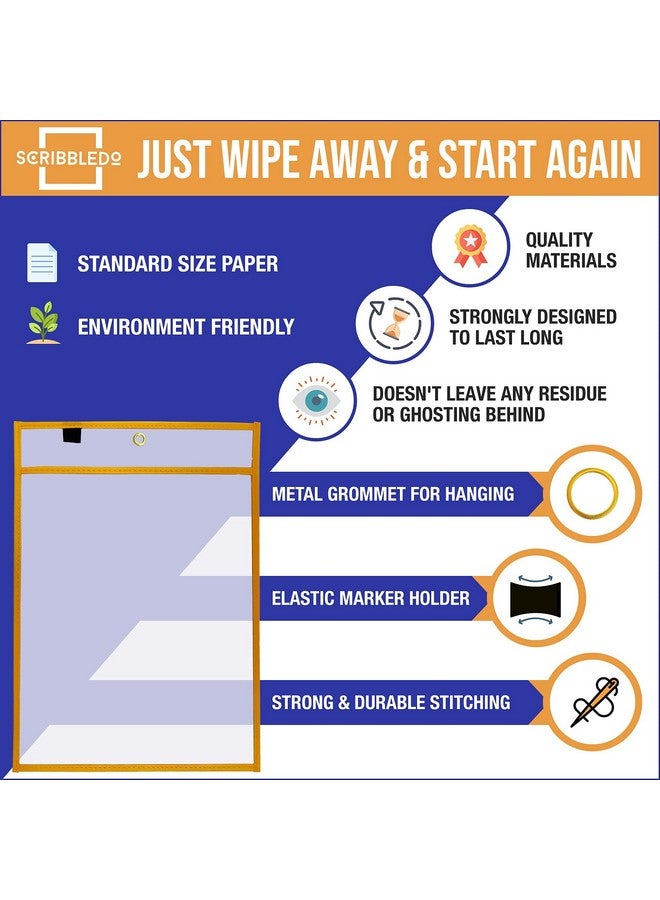 Scribbledo Dry Erase Pockets, 6 Pack Reusable Dry Erase Sleeves With Marker Holder, Colorful Dry Erase Pocket Sleeves For School Or Work, Assorted Colors Sheet Protectors And Ticket Holders - Image 3