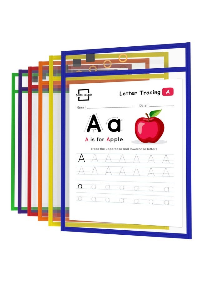 Scribbledo Dry Erase Pockets, 6 Pack Reusable Dry Erase Sleeves With Marker Holder, Colorful Dry Erase Pocket Sleeves For School Or Work, Assorted Colors Sheet Protectors And Ticket Holders - Image 1