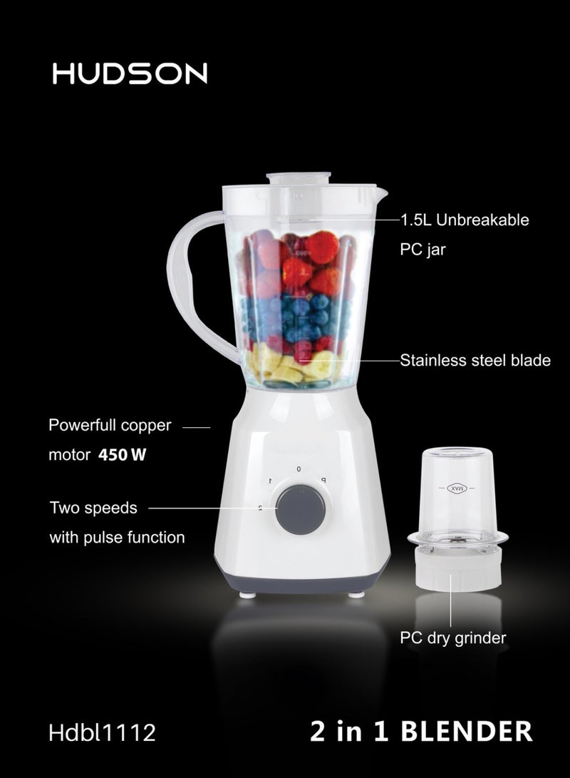 Hudson 2-in-1 Juicer Blender & Chopper, 1.5L, 450W Powerful Motor, 2 Speed + Pulse, Unbreakable Jars, Stainless Steel Blades, Grinder Attachment – HDBL1112 - Image 4