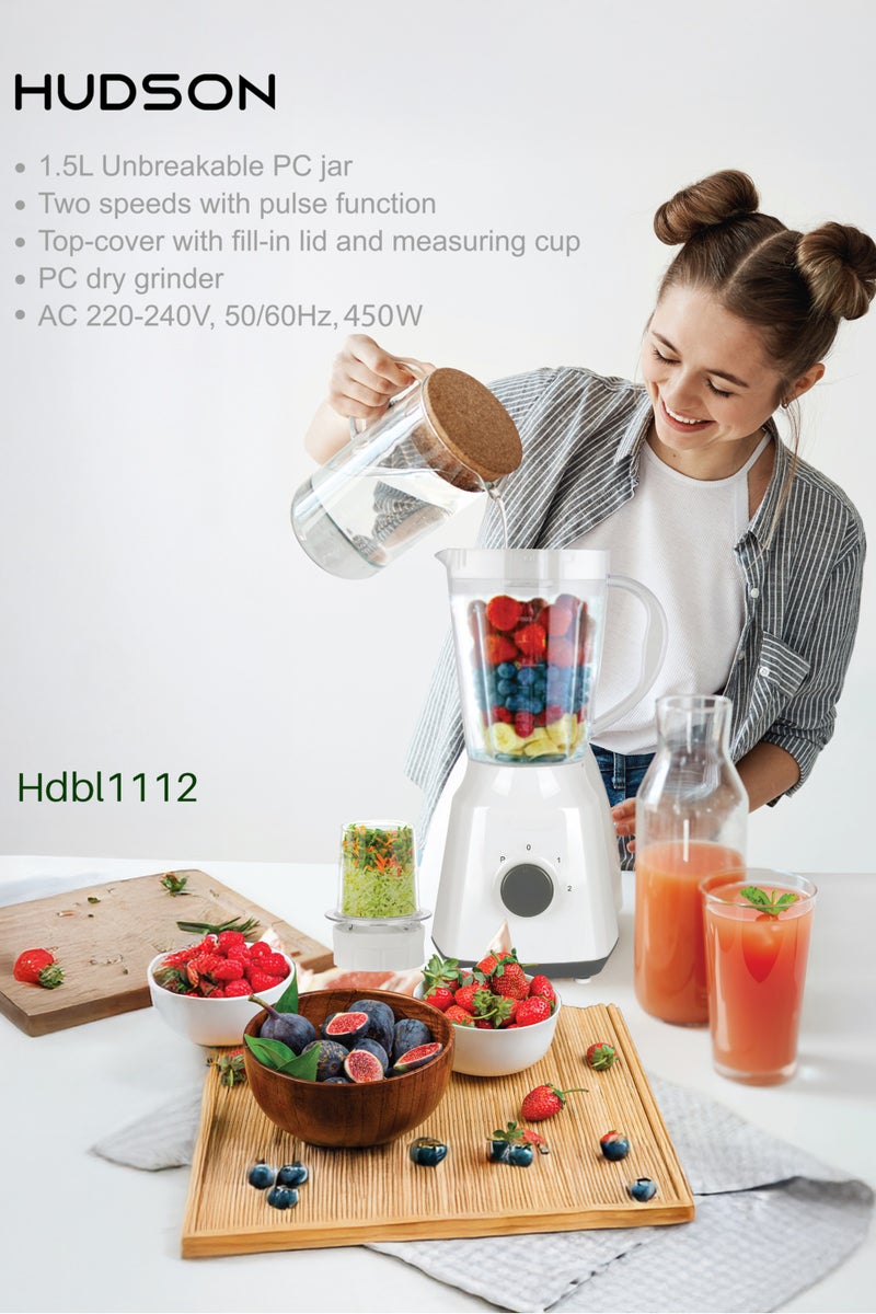Hudson 2-in-1 Juicer Blender & Chopper, 1.5L, 450W Powerful Motor, 2 Speed + Pulse, Unbreakable Jars, Stainless Steel Blades, Grinder Attachment – HDBL1112 - Image 2