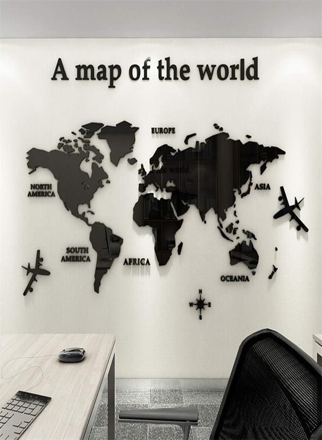 3D World Map Decorative Wall Sticker for Living Room TV Par Bedroom Nursery Office Kids (Black) (L) - Image 1