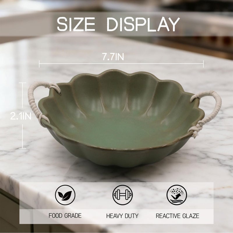 Amitofo 7.7inch Small Vintage Scalloped Ceramic Bowl with Rope Handles, Retro Style Glazed Purse Bowl for Serving Fruit,Salad,Table Centerpiece Decor (Green) - Image 4