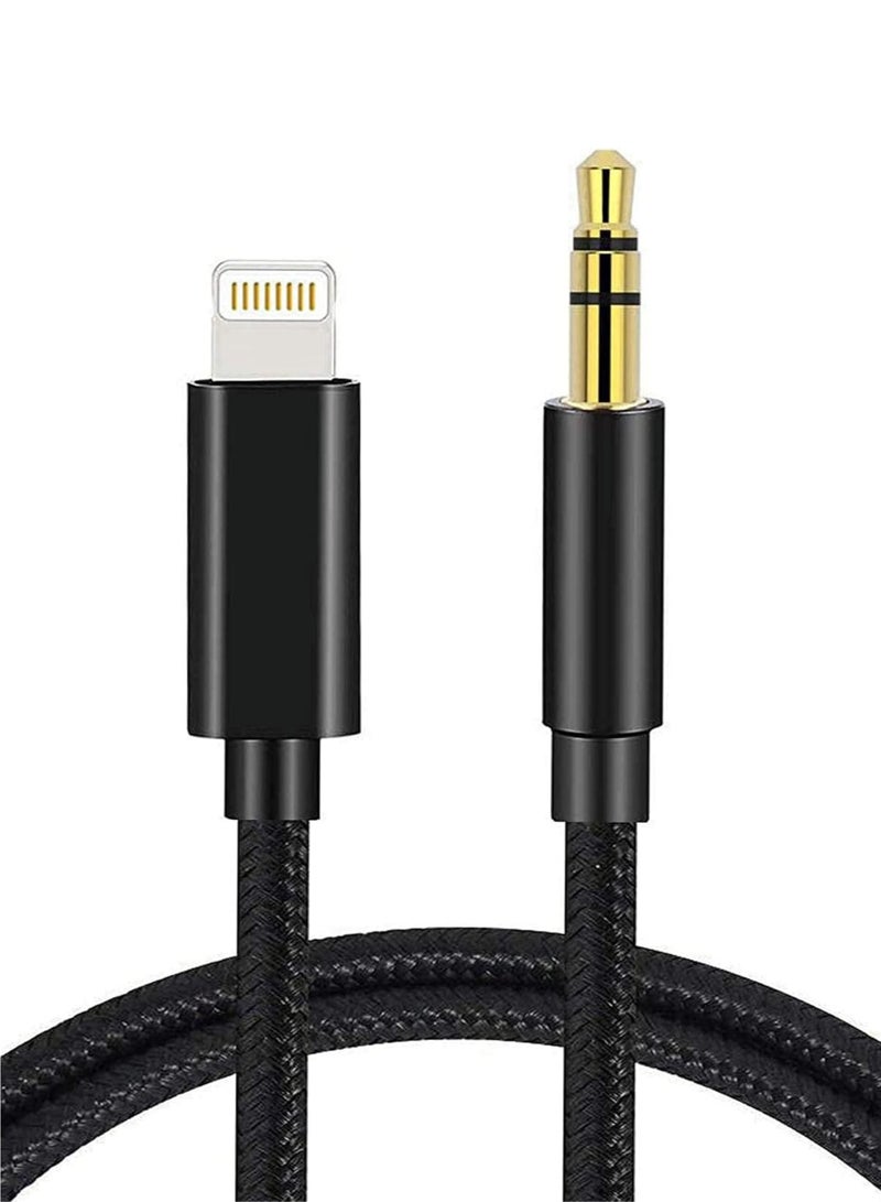 فيكسا برو كابل Lightning إلى Aux صوتي مقاس 3.5 مم لأجهزة iPhone 13/12/11/XS/XR/X/8/7/6 - مضفر من النايلون، يعمل مع ستيريو السيارة وسماعات الرأس ومكبرات الصوت (أسود) - Image 1
