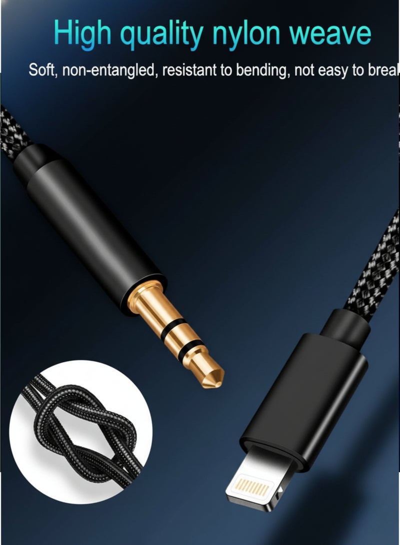 فيكسا برو كابل Lightning إلى Aux صوتي مقاس 3.5 مم لأجهزة iPhone 13/12/11/XS/XR/X/8/7/6 - مضفر من النايلون، يعمل مع ستيريو السيارة وسماعات الرأس ومكبرات الصوت (أسود) - Image 3