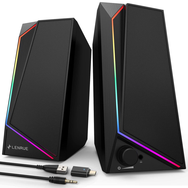 LENRUE Computer Speakers, USB/USB-C Powered PC Speakers with Loud Stereo Sound, Headphone-in for Desktop, Laptop, Monitor (USB-C to USB Adapter Included) - Image 1