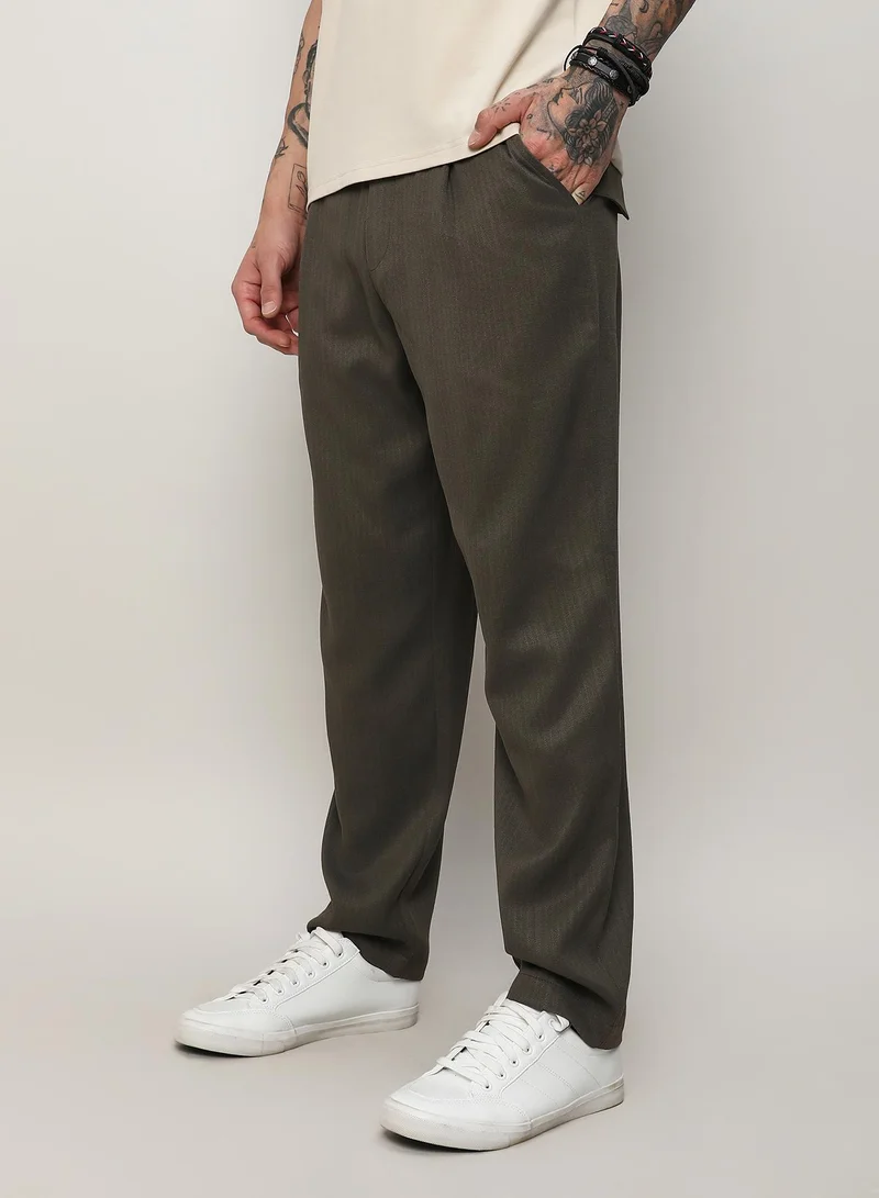 Campus Sutra Men’s Army Green Tailored Trousers – 100% Cotton, Solid, Lightweight Casual Pants