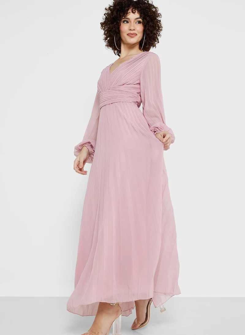 boohoo V-Neck Pleated Dress