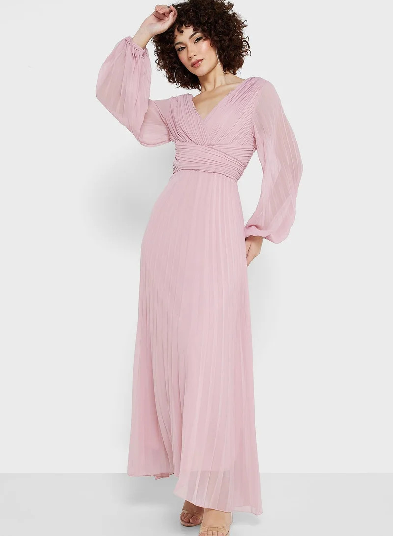 boohoo V-Neck Pleated Dress