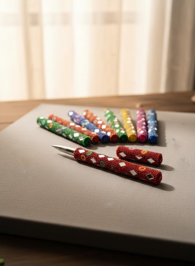 SM Creations مجموعة أقلام SM Creations المصنوعة يدويًا على الطراز الراجستاني (عبوة من 10 أقلام، متعددة الألوان) أقلام حبر أزرق مصنوعة يدويًا، هدية مثالية ليوم المعلم، أو للاستخدام المكتبي، أو كإكسسوار مكتبي أنيق. - Image 5