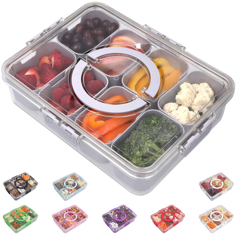 KEYVOZ Snackle Box Container with Lid- Travel Charcuterie Box with Handle - Organizer for Candy, Fruit, Nuts, Veggies, Snacks, Beach Essentials, Portable Lunch Box (Grey, Large) - Image 1