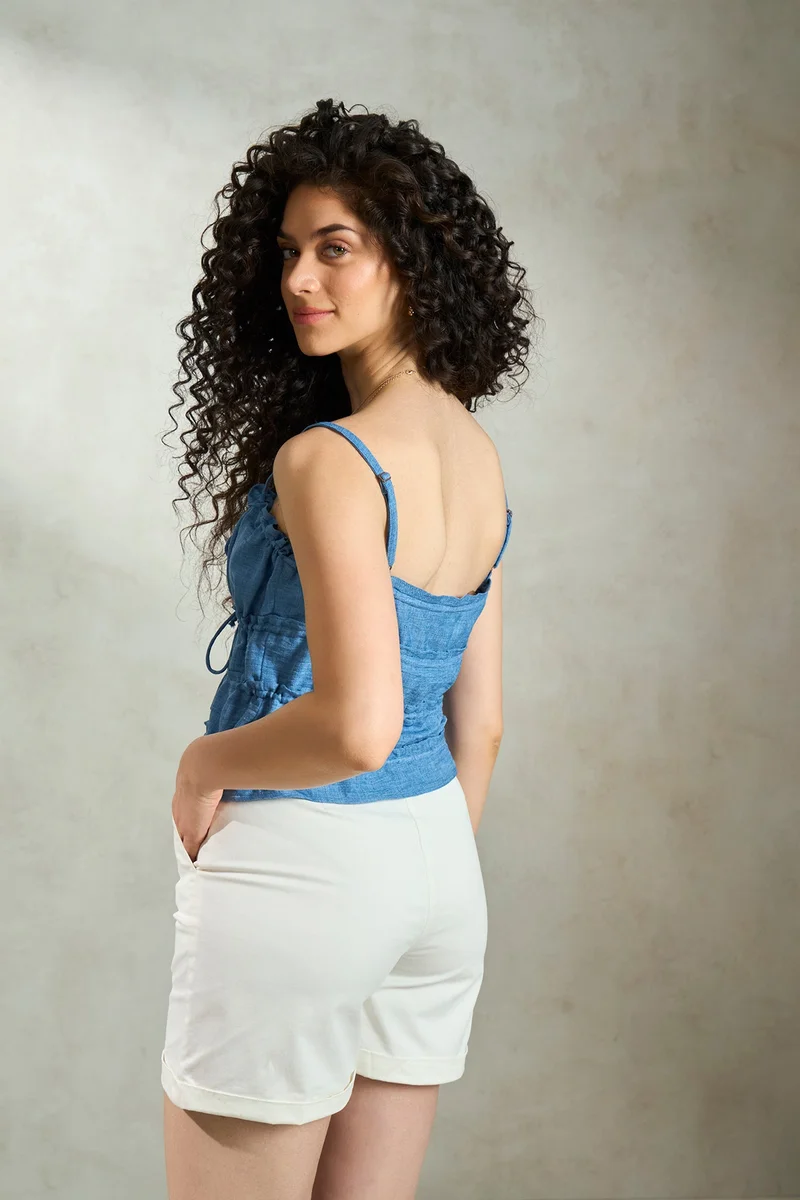 Virgio Linen Tiered Vacation Cami Front Tie Up Tops for Women