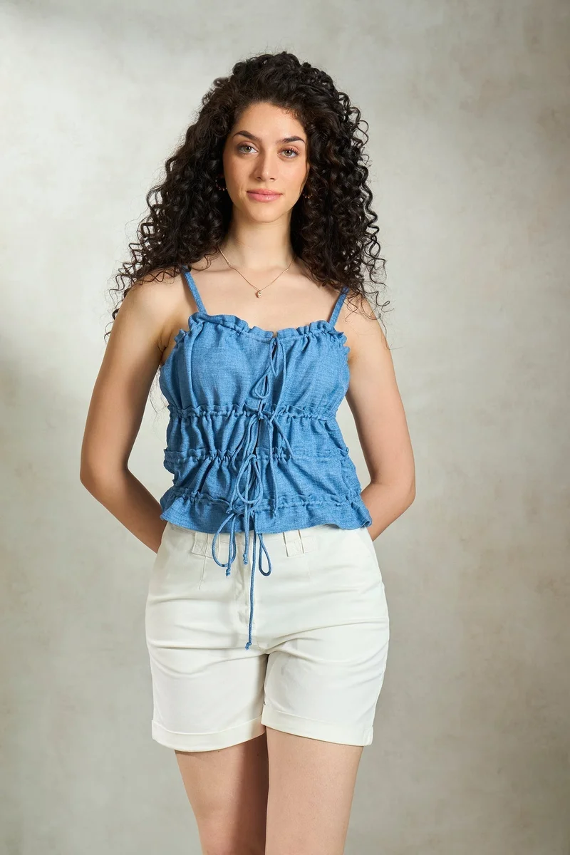 Virgio Linen Tiered Vacation Cami Front Tie Up Tops for Women