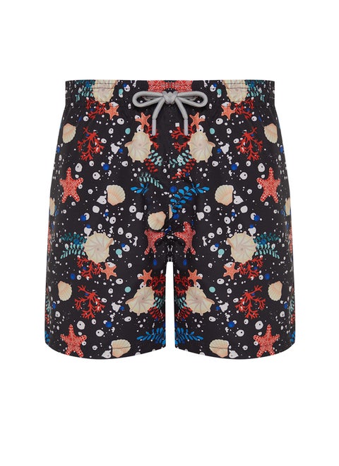Black Standard Size Starfish Patterned Beach Shorts TMNSS24DS00026