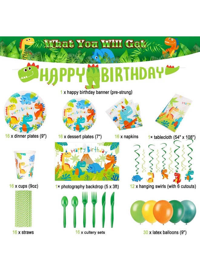 Dinosaur Birthday Party Supplies Serves 16 With Backdrop, Dinosaur Party Decorations For Boys, Complete Pack Include Hanging Swirls, Tablecloth, Plates And Napkins Set, Total 173Pcs