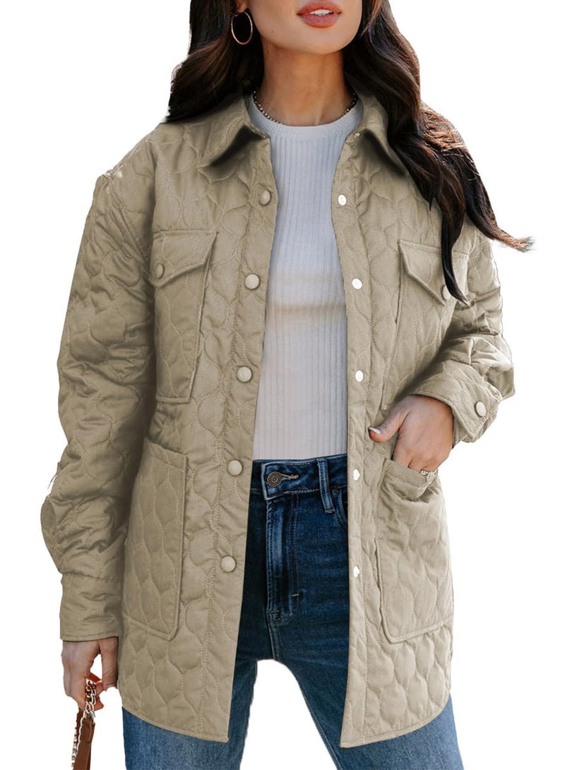 EVALESS Diamond Quilted Jackets for Women Lightweight Collar Long Sleeve Button Down Puffer Jacket Warm Winter Coat Outerwear with Pockets Beige XLarge