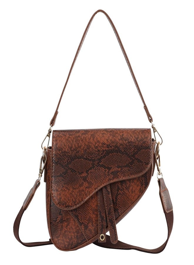 HDE Women's Saddle Shoulder Bag PU Leather Crossbody Purse Crocodile Handbag - Brown Snakeskin - Image 1