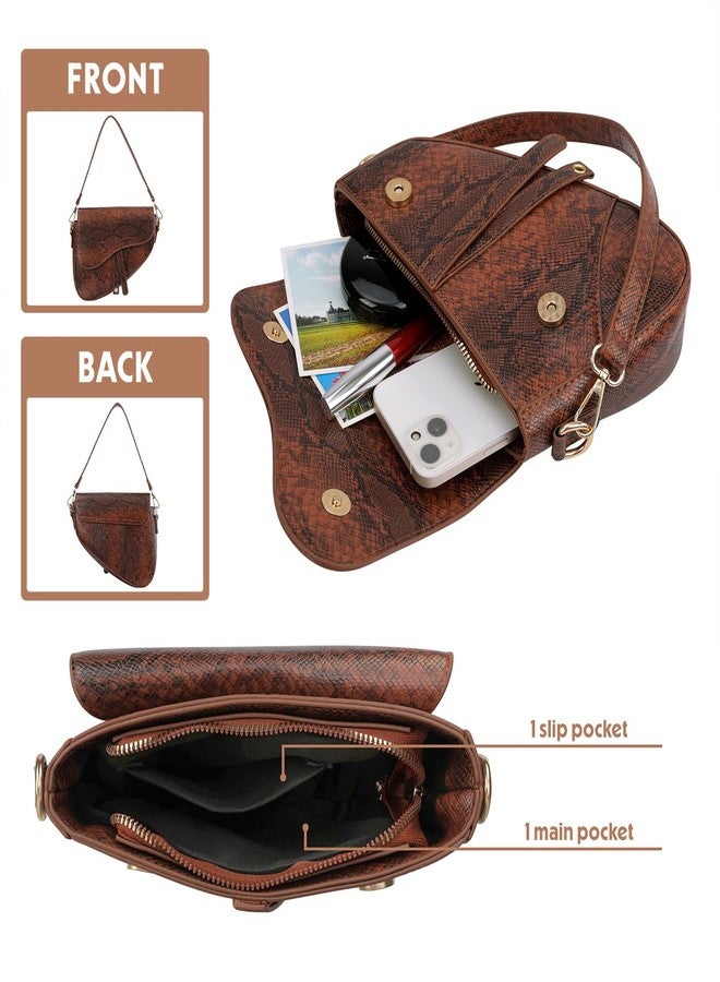 HDE Women's Saddle Shoulder Bag PU Leather Crossbody Purse Crocodile Handbag - Brown Snakeskin - Image 5