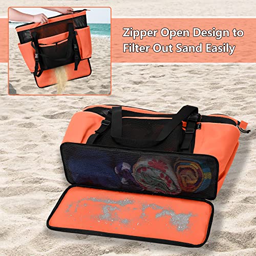 Fasrom Extra Large Mesh Beach Bag with Zipper Bottom, Family Beach Tote Bag with Wet and Dry Separation (Patent Design), Orange - Image 3