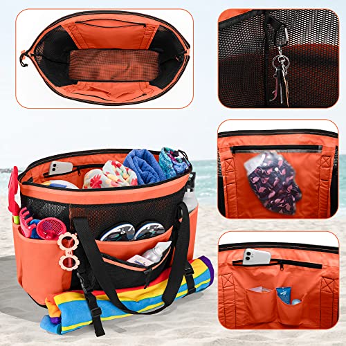 Fasrom Extra Large Mesh Beach Bag with Zipper Bottom, Family Beach Tote Bag with Wet and Dry Separation (Patent Design), Orange - Image 2