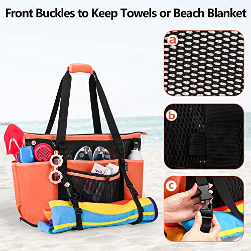 Fasrom Extra Large Mesh Beach Bag with Zipper Bottom, Family Beach Tote Bag with Wet and Dry Separation (Patent Design), Orange - Image 4