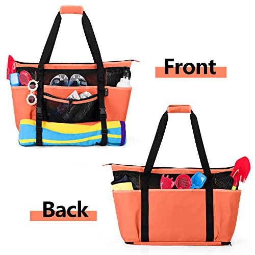 Fasrom Extra Large Mesh Beach Bag with Zipper Bottom, Family Beach Tote Bag with Wet and Dry Separation (Patent Design), Orange - Image 5