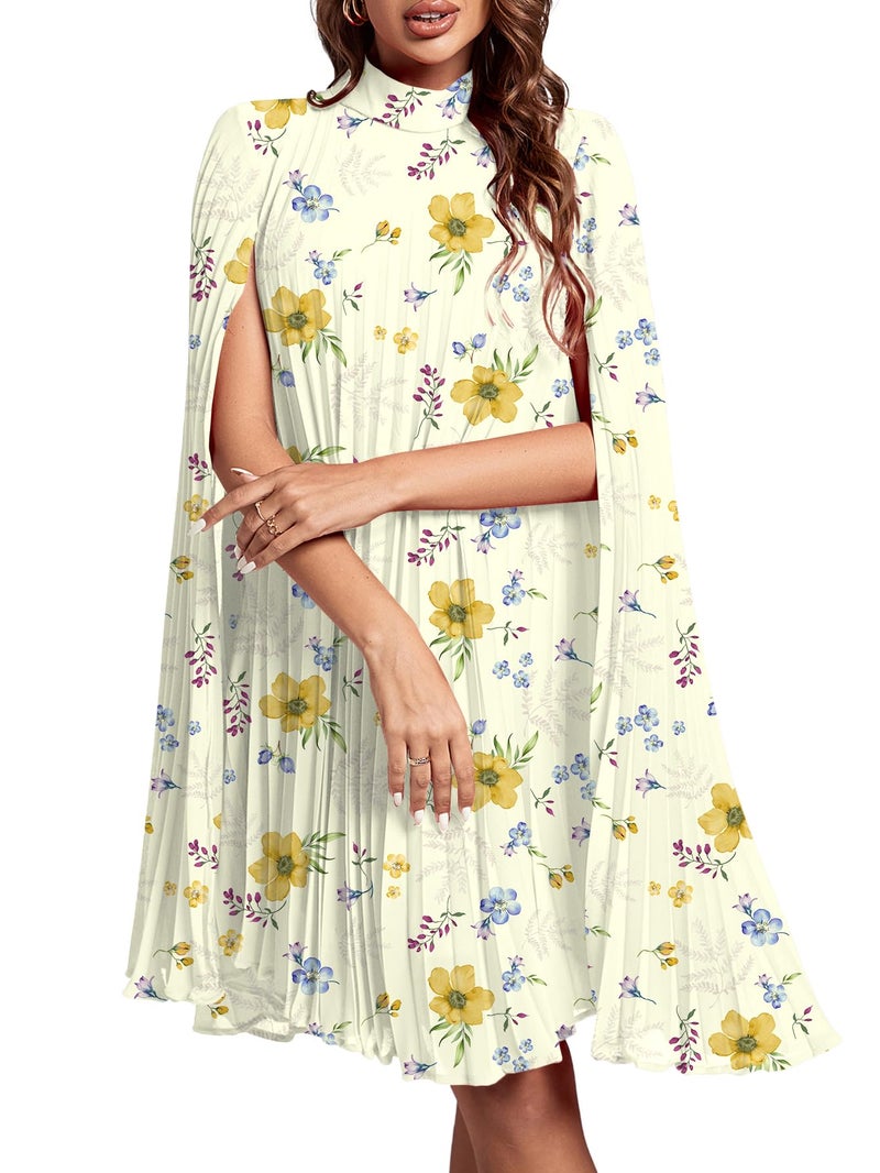 Rooscier Women's Pleated Mock Neck Cloak Sleeve Keyhole Back Flowy Party Midi Dress Multicolor Floral Medium - Image 1