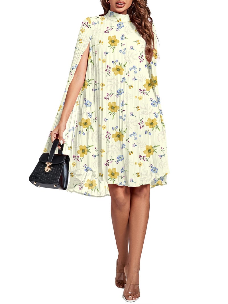Rooscier Women's Pleated Mock Neck Cloak Sleeve Keyhole Back Flowy Party Midi Dress Multicolor Floral Medium - Image 5