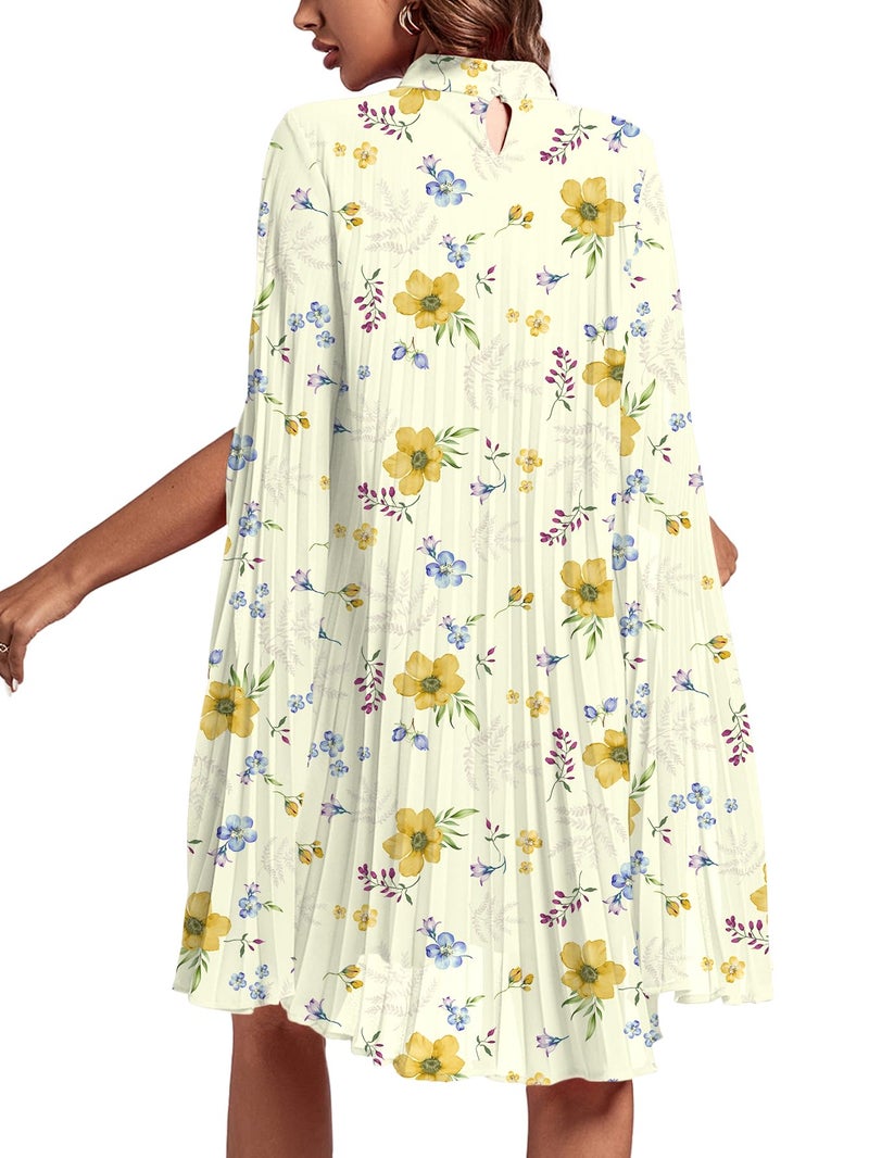 Rooscier Women's Pleated Mock Neck Cloak Sleeve Keyhole Back Flowy Party Midi Dress Multicolor Floral Medium - Image 2