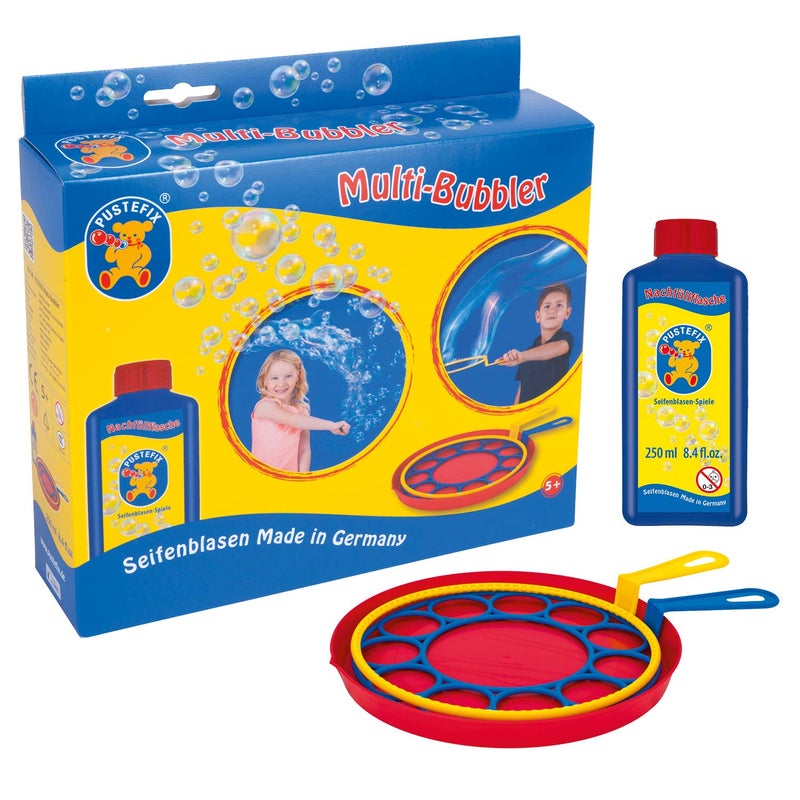 PUSTEFIX Multi Bubbler Giant Bubble Ring and Multi Bubble Ring Toy Set for Kids Includes 8.45 oz Bubble Solution Bottle and Liquid Tray Makes Big Bubbles, Multicolor, Model: 505310 - Image 1