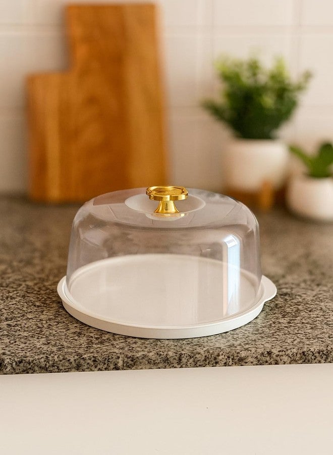 RIGJAK Round Cake Stand with Lid and Spatula, Clear Dome Display Cover for Fresh Presentations, Lightweight Reusable Plastic for Easy Transport, Gold-Accented Handle, Multicolour - Image 1
