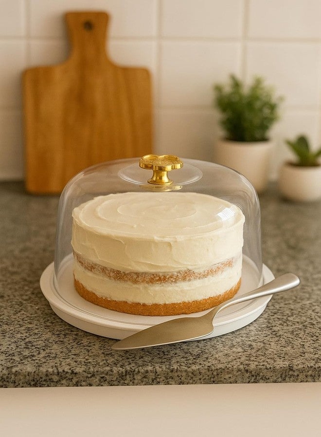 RIGJAK Round Cake Stand with Lid and Spatula, Clear Dome Display Cover for Fresh Presentations, Lightweight Reusable Plastic for Easy Transport, Gold-Accented Handle, Multicolour - Image 2