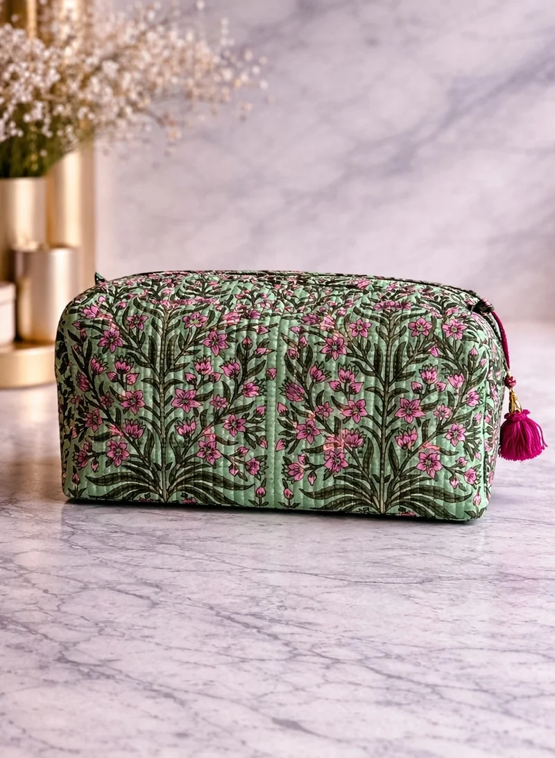 Tohfa Luxe Zova Green Handmade Block Printed Cotton Pouch – Large Waterproof Cosmetic & Toiletry Travel Organizer Bag (25 × 12 × 12 cm)