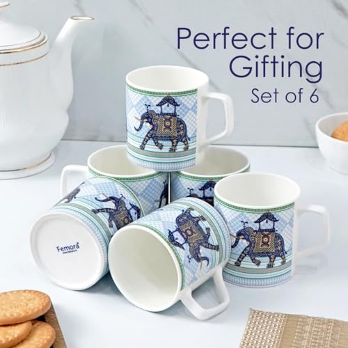 Femora Royal Elephant Design Golden Ceramic Tea Cups | Blue & Gold Finish | Set of 6 | Capacity - 180 ml | Ideal for Home, Gifting & Office Use - Image 3
