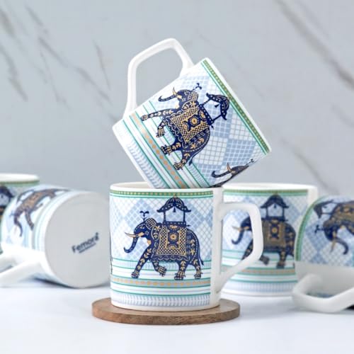 Femora Royal Elephant Design Golden Ceramic Tea Cups | Blue & Gold Finish | Set of 6 | Capacity - 180 ml | Ideal for Home, Gifting & Office Use - Image 1