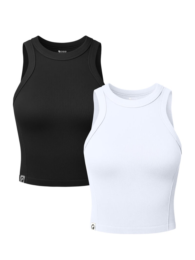 OQQ Womens 2 Pack Crop Tank Tops Crew Neck Sleeveless Ribbed Stretch Workout Athleisure Tops Black White - Image 1